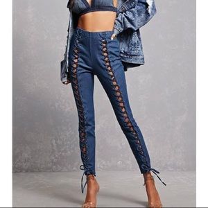 Lace-Front Denim Pants